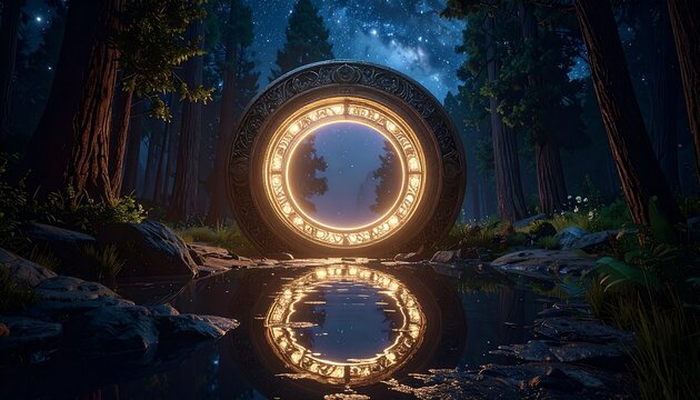 Glowing portal reflects in forest pond, surrounded by tall trees under a starry night sky