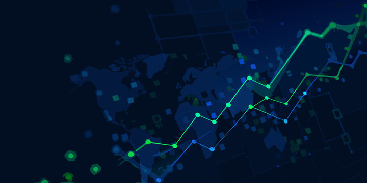 Line graph and geometric shapes a dark blue vector illustration for data visualization analytics chart