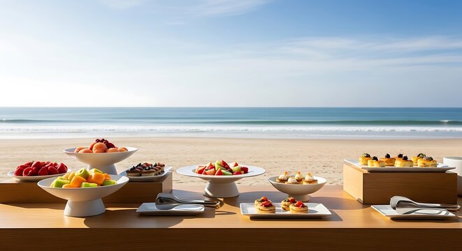 A luxury beach buffet setup featuring elegant bowls of fresh fruit and gourmet pastries arranged on a wooden table overlooking a scenic tropical coastline
