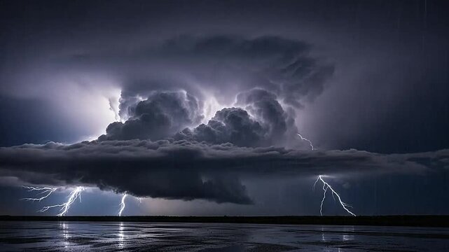 A powerful lightning bolt strikes from dark storm clouds over a flat landscape