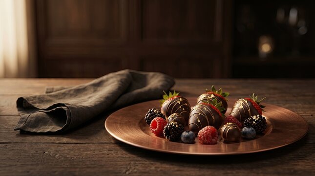 Gourmet chocolate dipped strawberries and mixed forest berries served on luxury copper plate for artisan confectionery brand