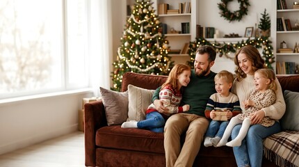 Obraz premium Happy family sitting on a sofa in a living room decorated for Christmas