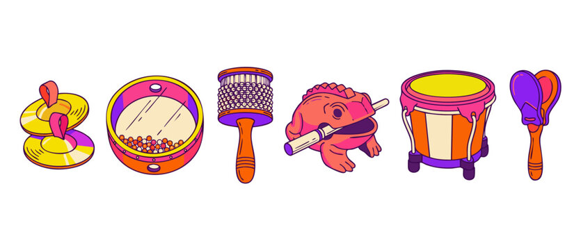 Percussion instruments set vector illustration isolated on white background for childhood music education, featuring colorful kid friendly toy drums, tambourine, shaker cabasa, castanets, frog guiro.