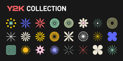 Geometric floral ornaments and starbursts in a y2k style vector illustration on black abstract arrangement © Milon