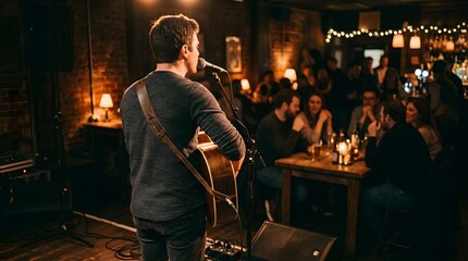 Obraz premium Friendship day live music event with acoustic guitarist performing for friends at a cozy bar