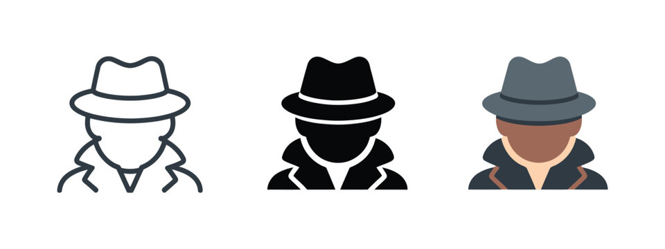 Anonymous agent icon featuring silhouette person with coat and hat, representing mystery identity, incognito mode, and confidential detective concept in clean vector illustration style.