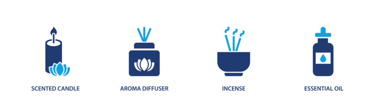 Aromatherapy icon set. scented candle, diffuser, incense, essential oil, wellness. solid style icon collection.
