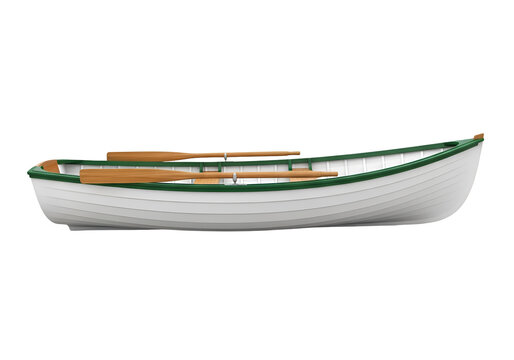 Traditional wooden fishing boat resting on calm water minimalist composition  on white background , Isolated on Transparent Background, PNG, Generative AI