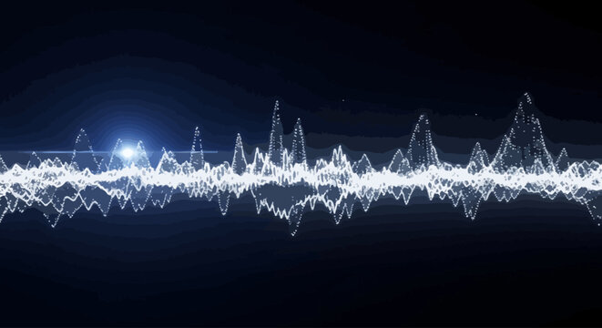 Futuristic digital sound wave with glowing blue light particles, abstract audio frequency equalizer on black background, high tech signal visualization vector