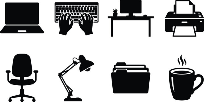 Minimalist black and white office icon set featuring laptop keyboard printer desk chair lamp files and coffee mug