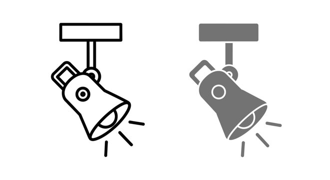 Minimalist spotlight icons in line and flat styles, directional ceiling track light vector set, modern stage lighting equipment for theater and studio