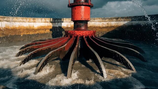 Groundlevel perspective capturing detailed mechanics of red mud thickener basins with rotating rake arms actively stirring dense mineral sludge in an industrial environment.