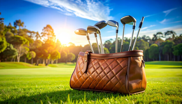 Golf Bag Filled With Clubs on a Sunny Golf Course.