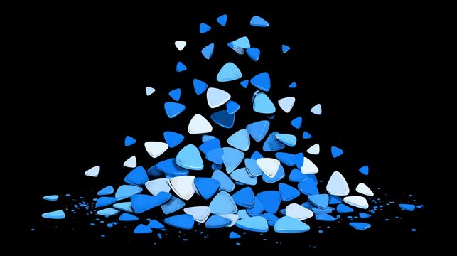 Minimal vector illustration of scattered blue guitar plectrums on black background, isolated floating shapes, modern abstract musical design, clean graphic composition, simple instrument concept