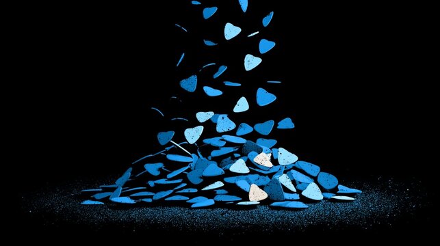 Minimal vector illustration of scattered blue guitar plectrums on black background, isolated floating shapes, modern abstract musical design, clean graphic composition, simple instrument concept