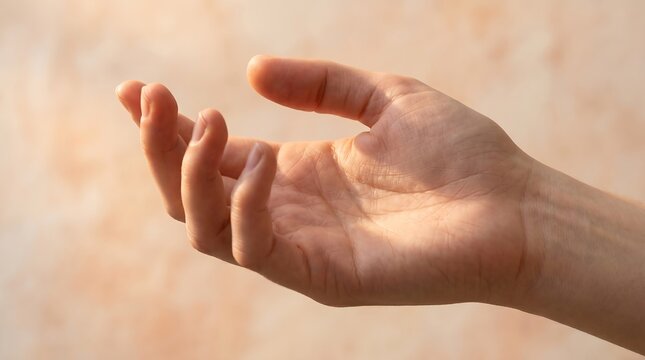 A fair-skinned hand with fingers curled, palm up, against a blurred peach background