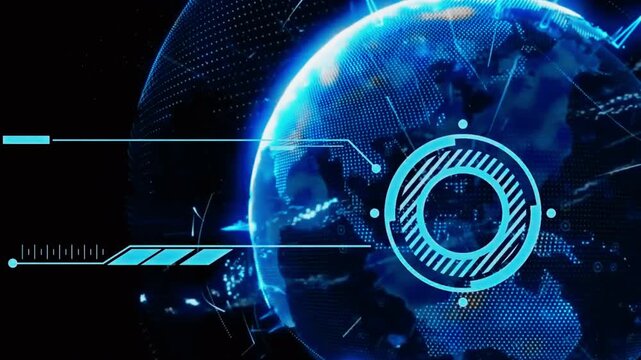 Digital globe with futuristic hud interface and data visualization elements for global communication and technology concepts