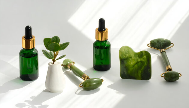 Natural Skincare Products and Jade Beauty Tools on White Background.