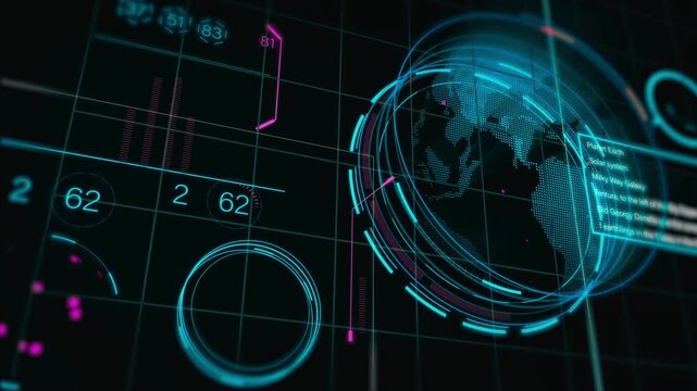 Futuristic digital interface with holographic globe and data visualization elements on dark background
