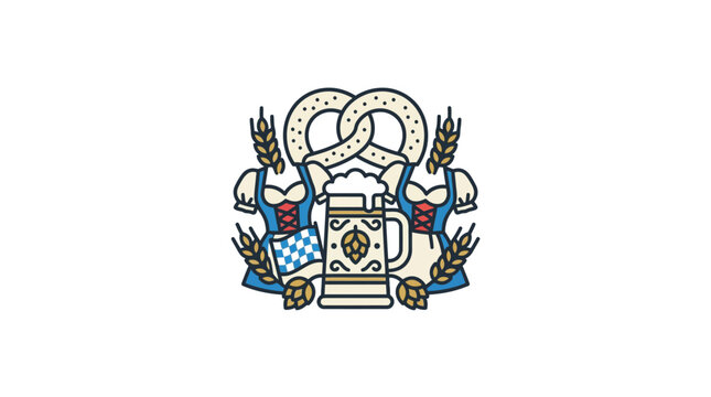 Colorful beer festival emblem with pretzel and mugs