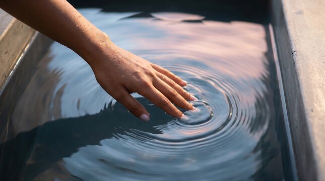 Hand touching water surface, creating ripples in a metal container