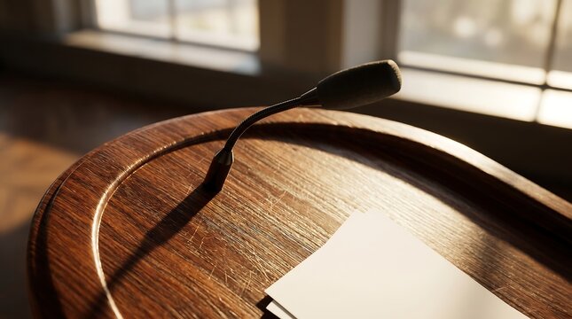 Wooden podium with microphone and notepad, indoor setting, sunlight through windows