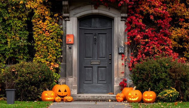 Glowing pumpkins frame a grey door, festooned with autumn foliage in red, orange, and yellow colors