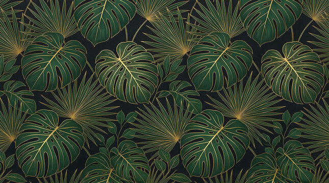 Elegant tropical leaves seamless pattern with gold lines on black.