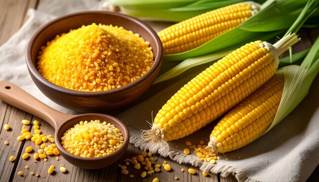 Golden corn kernels in a wooden bowl with fresh ears displayed on a rustic fabric background