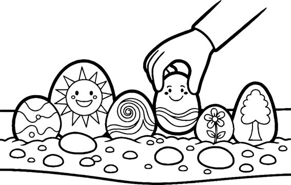 Whimsical Hand Coloring Decorative Easter Eggs Illustration.