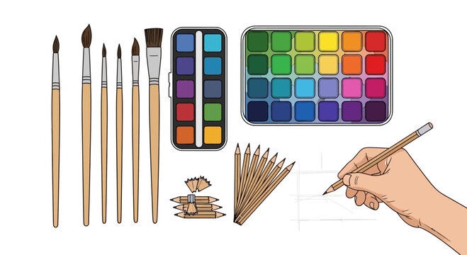 A collection of various artist painting and drawing supplies including brushes and paints.