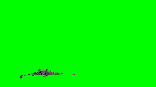 3D rock exploding and shattering into pieces on green screen background, crumbling stone debris effect for VFX composition