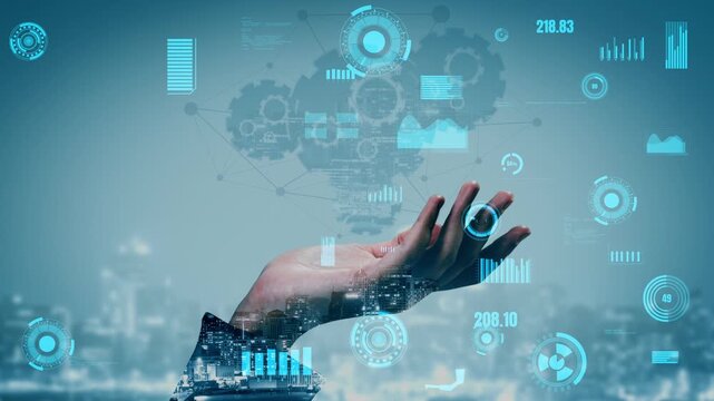 A conceptual image featuring a hand reaching out, surrounded by digital overlays representing data and technology, set against an urban backdrop, symbolizing innovation. Xenic