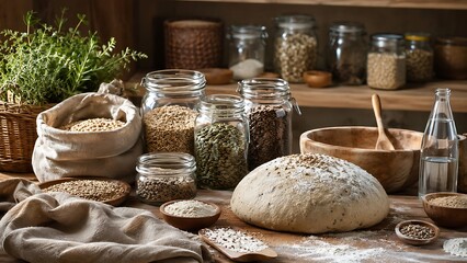 Fototapeta premium Rustic baking scene with fresh sourdough bread loaf and jars of grains.