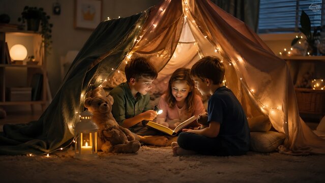 Three children reading a book inside a cozy blanket fort decorated with fairy lights at night.