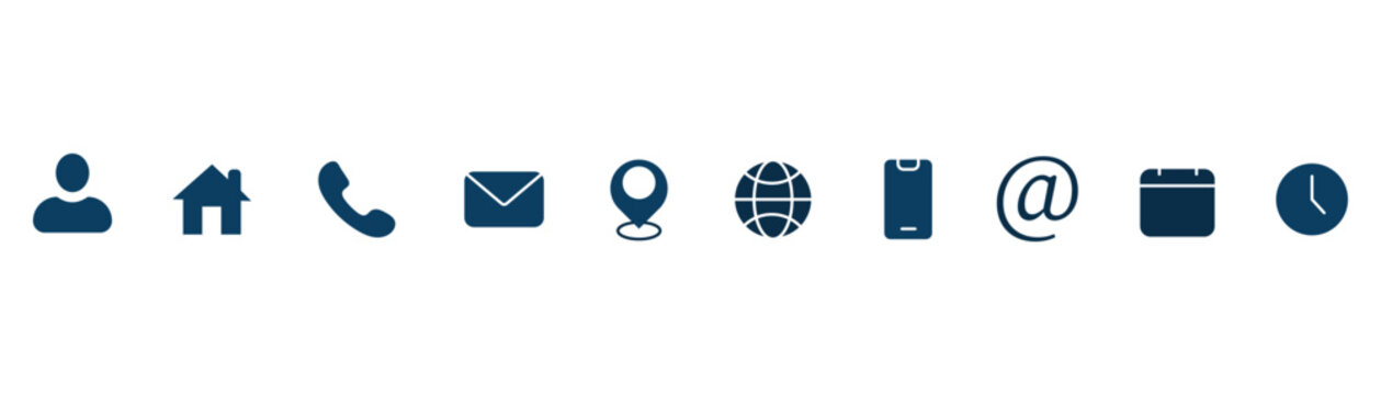 Business contact blue icon set. Contact us icon set. website set icon vector. for computer and mobile, with user, location and media symbols. Interface details sign. 