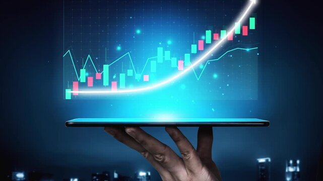 A hand holds a smartphone displaying a financial chart with upward trends, symbolizing growth and investment in a modern urban setting at night. Copula