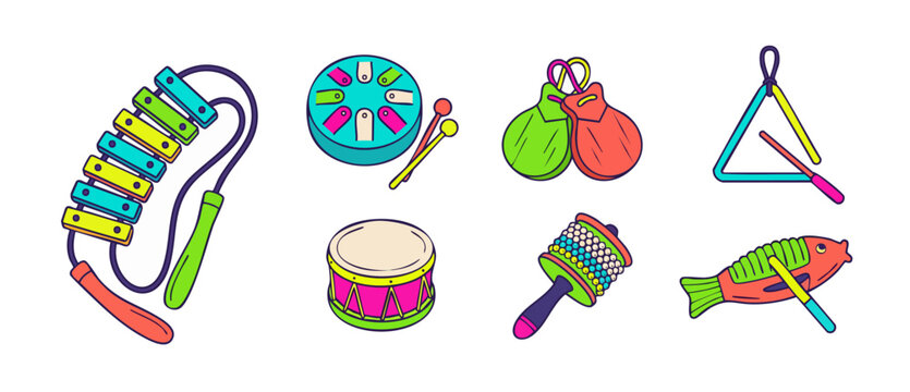 Kids percussion musical instruments set, colorful cartoon toy percussion for music education, rhythm play on white background, including xylophone, tongue drum, castanets, cabasa, triangle, guiro.