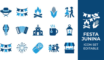 Festa junina traditional brazilian festival blue icon set © Level Zero