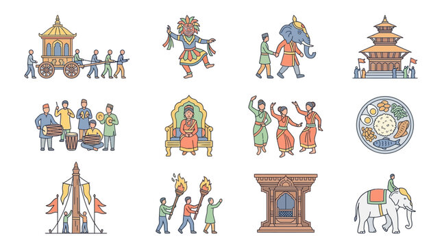 Colorful cultural festival scenes with traditional activities