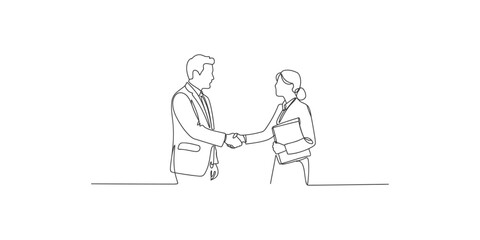 Obraz premium A minimalist line drawing of a man and woman shaking hands in a business setting with a simple white background