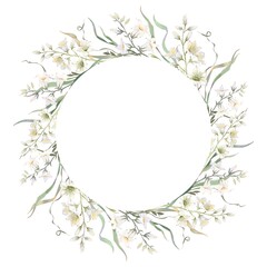 Fototapeta premium Delicate wildflower wreath with white bellflowers and thin green grass Floral frame for logo and branding isolated on white background watercolor illustration