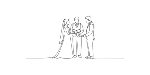 Obraz premium Continuous line drawing of a wedding ceremony with bride groom and officiant standing together