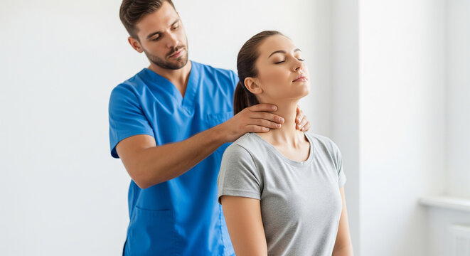 Professional male physiotherapist massaging patient neck perfect for medical healthcare concepts and clinic treatment plan