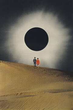 The couple is walking up a desert dune to get a clear view of the total solar eclipse beneath a surreal cosmic