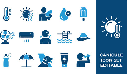 Obraz premium Heatwave and sun protection icon set for hot summer weather