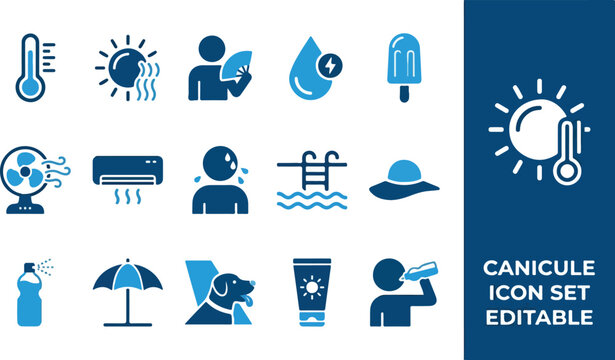 Heatwave and sun protection icon set for hot summer weather