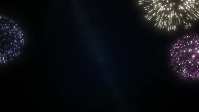Fireworks explode in the night sky creating a vibrant display of light and color for a festive celebration.