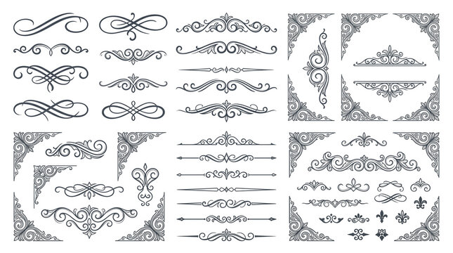 Vintage ornamental dividers and flourish corners, elegant filigree scrollwork collection, decorative victorian line art borders for wedding invitations isolated PNG with Transparent Background