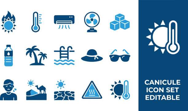 Summer heatwave and extreme temperature icon set